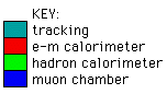 sleutelkleuren: tracking, e.m. calorimeter, hadron calorimeter, muon chamber