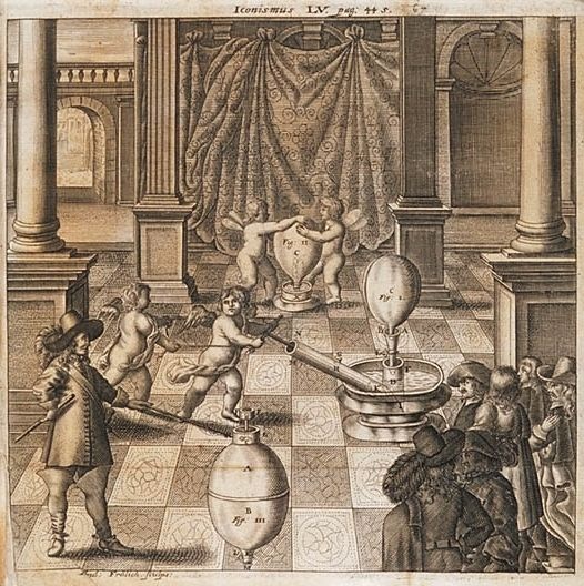 proeven met een luchtpomp, in een paleis, voor hoog publiek