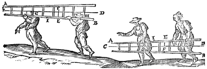 2 personen dragen een ladder, op de schouder, en aan de hand